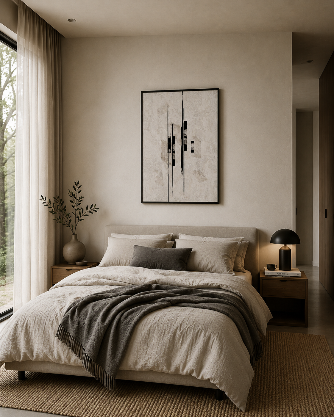 Sumi Stone framed print above the bed in a neutral bedroom