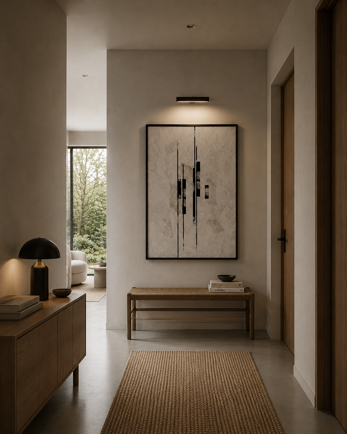 Sumi Stone framed print on a hallway wall above a console table