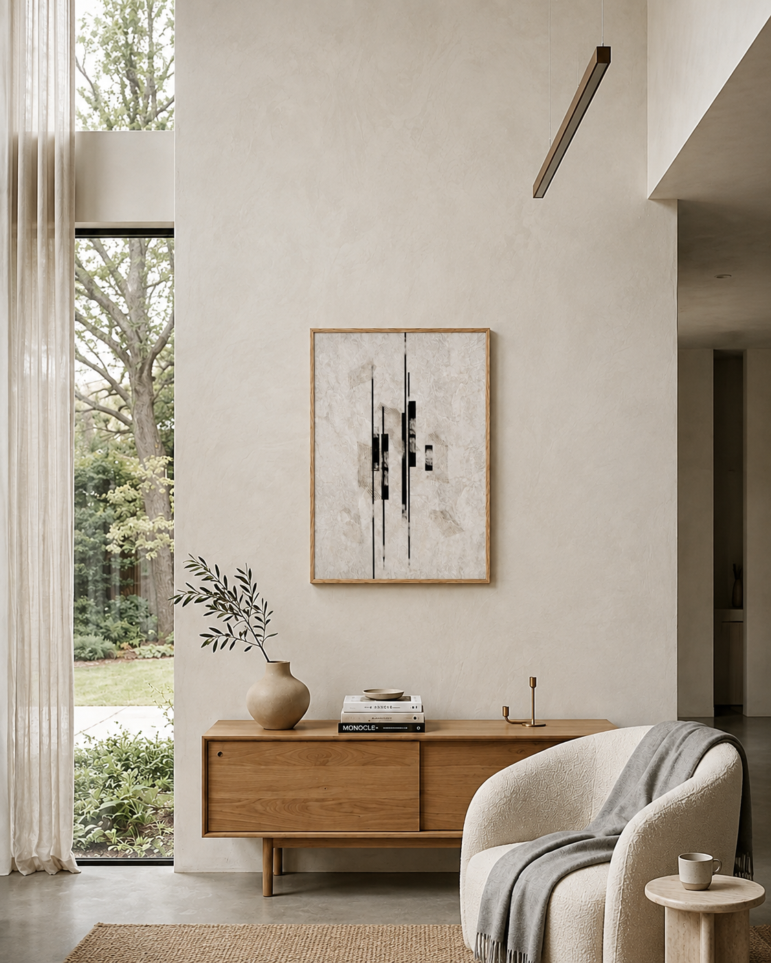Sumi Stone framed wall art in a bright living room beside a window and sideboard
