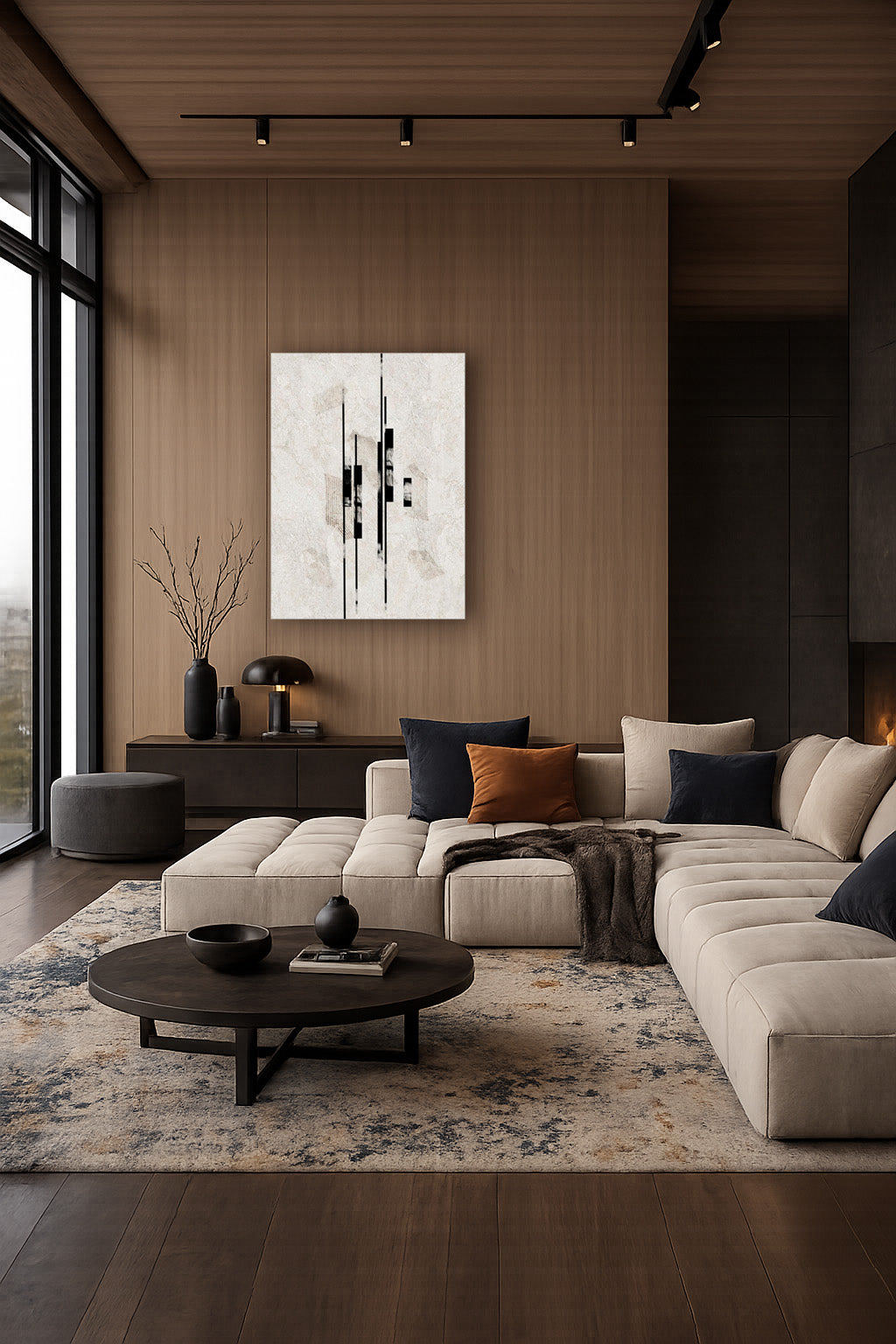 Sumi Stone poster on a dark living room wall above a sofa