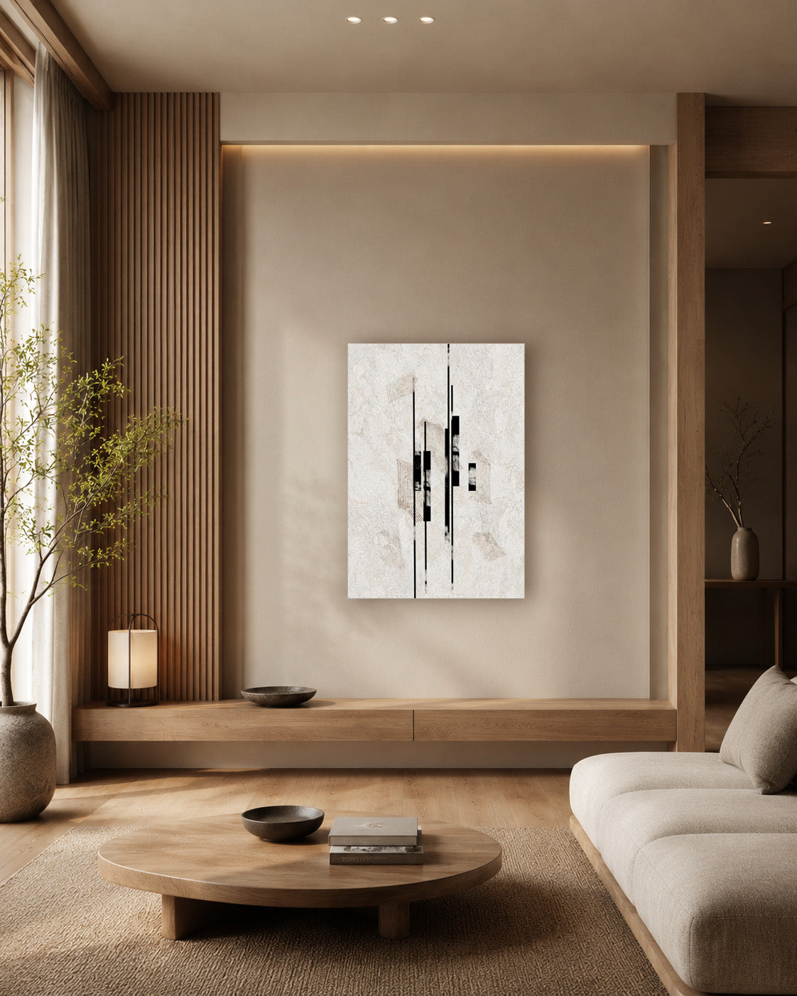 Sumi Stone poster in a bright seating area beside a tall plant