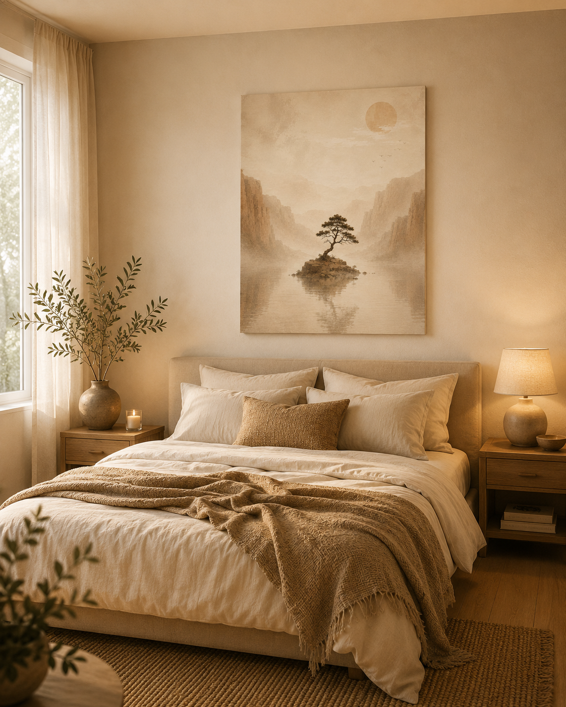 Minimalist landscape canvas hanging above a cozy bed in a bright neutral bedroom.