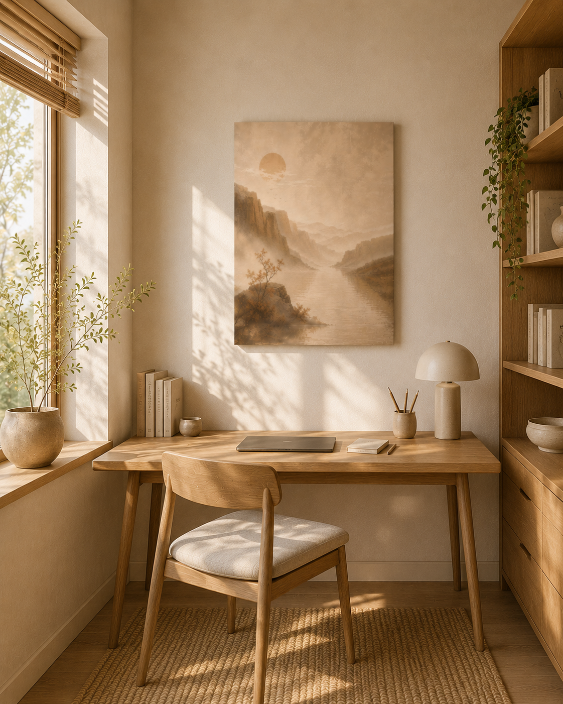 Minimalist landscape canvas displayed above a wooden desk in a bright home office filled with sunlight.
