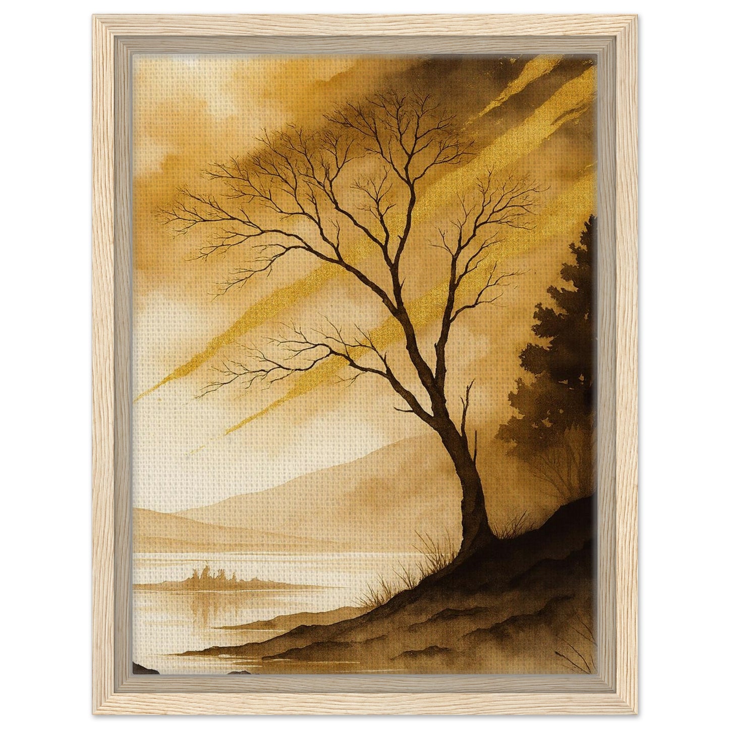 Sunlit golden landscape with tree and soft mountain scenery in natural wood frame