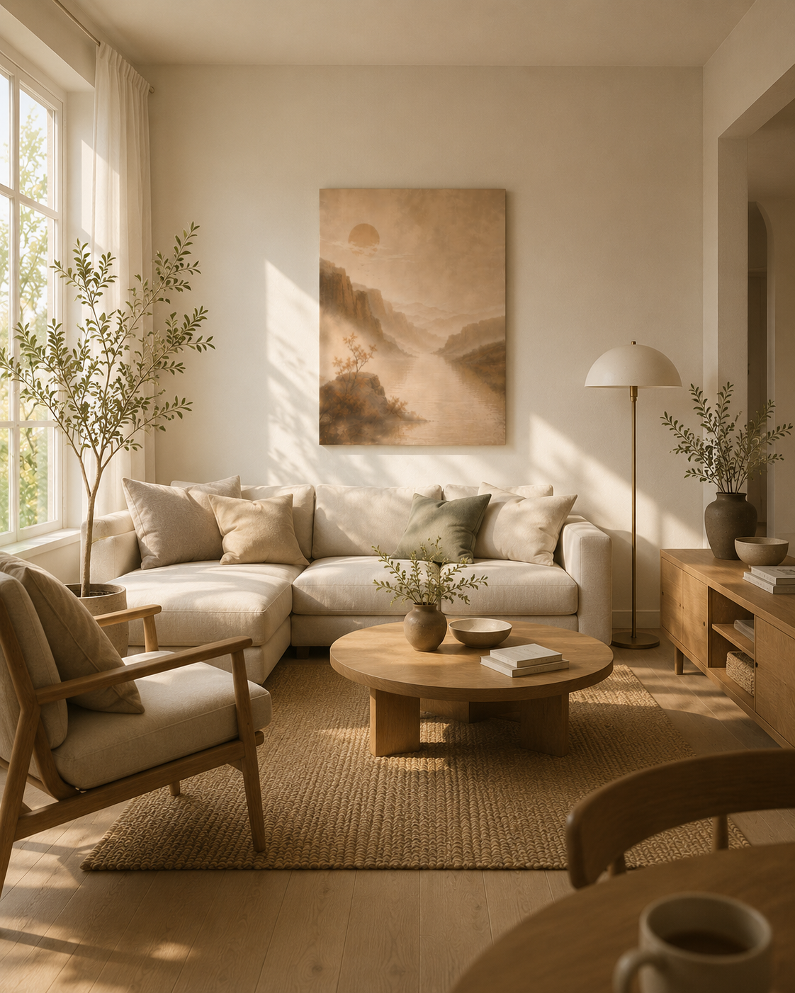 Landscape canvas displayed above a sofa in a bright Scandinavian-inspired living room with natural sunlight.