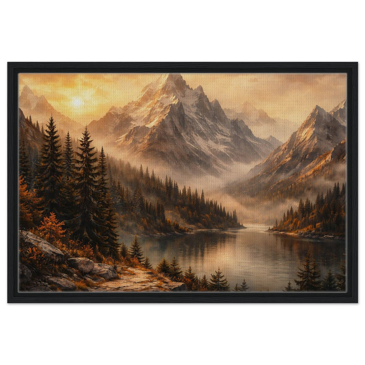 Sunlit mountain forest landscape with calm lake and golden clouds in a black frame