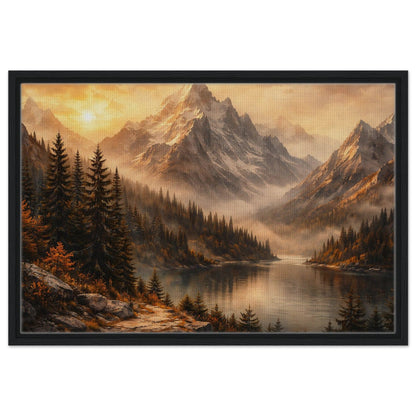 Sunlit mountain forest landscape with calm lake and golden clouds in a black frame