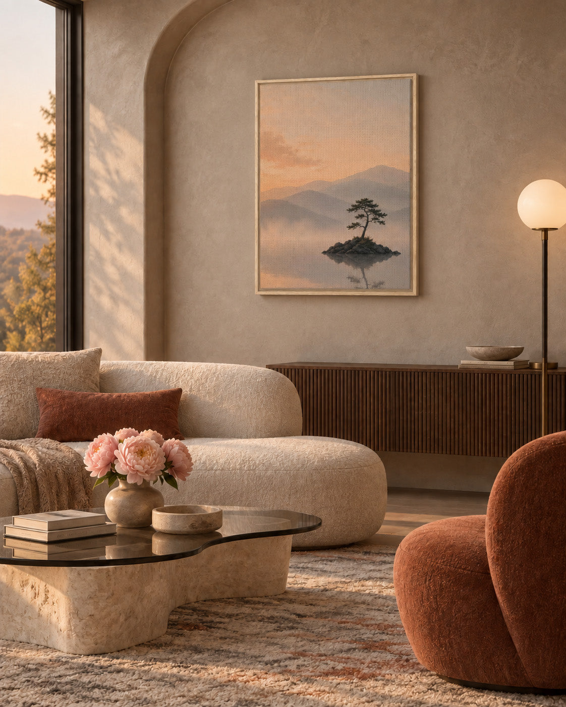 Sunset mountain landscape wall art displayed in a warm minimalist living room