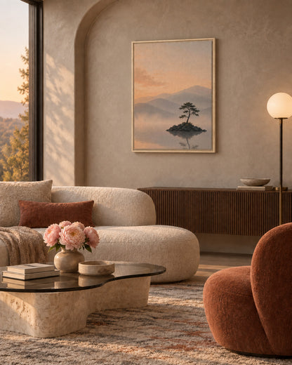 Sunset mountain landscape wall art displayed in a warm minimalist living room