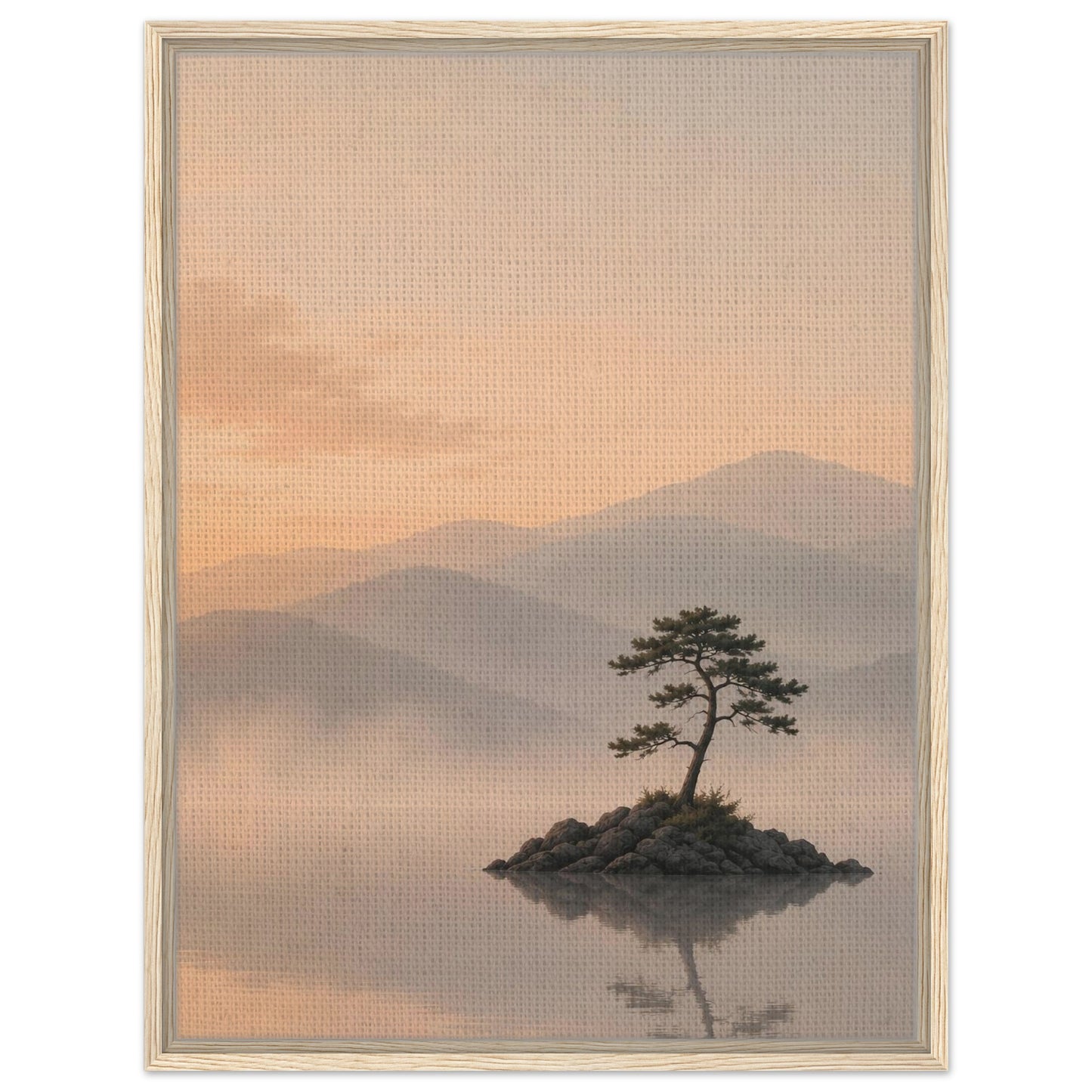 Sunset mountain landscape with a lone pine tree on a small island reflected in calm water