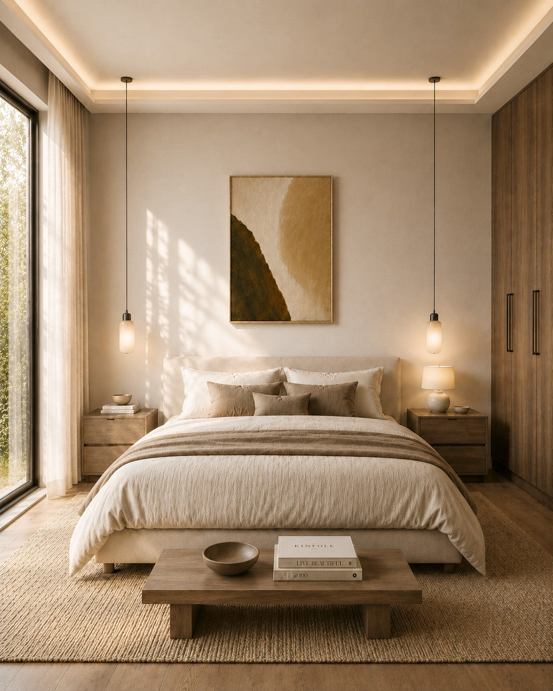 Tan and brown abstract artwork above a bed in a serene modern bedroom