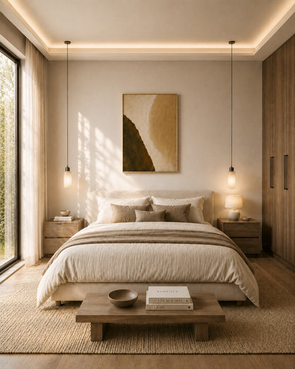 Tan and brown abstract artwork above a bed in a serene modern bedroom
