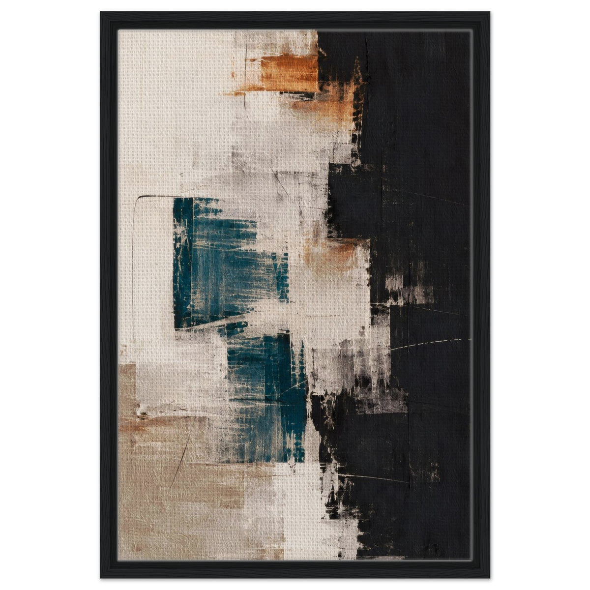 Front view of teal and beige abstract canvas art with layered cream brushwork and a black frame.