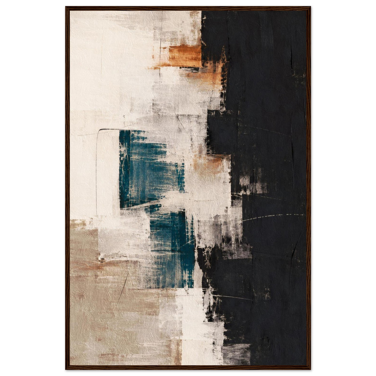 Brown-framed abstract poster with teal, cream, beige and black brush textures and warm brown accents.