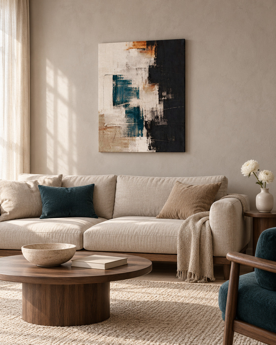Teal, black and cream abstract canvas above a beige sofa with teal cushions in a sunlit living room.