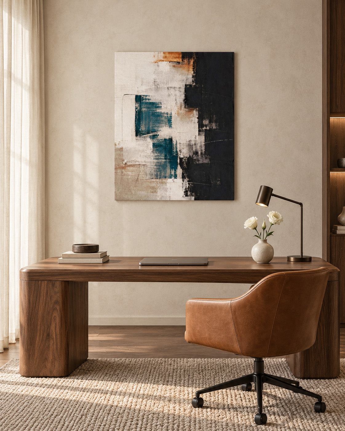 Teal, black and cream abstract canvas above a wooden desk with a brown chair in a sunlit home office.