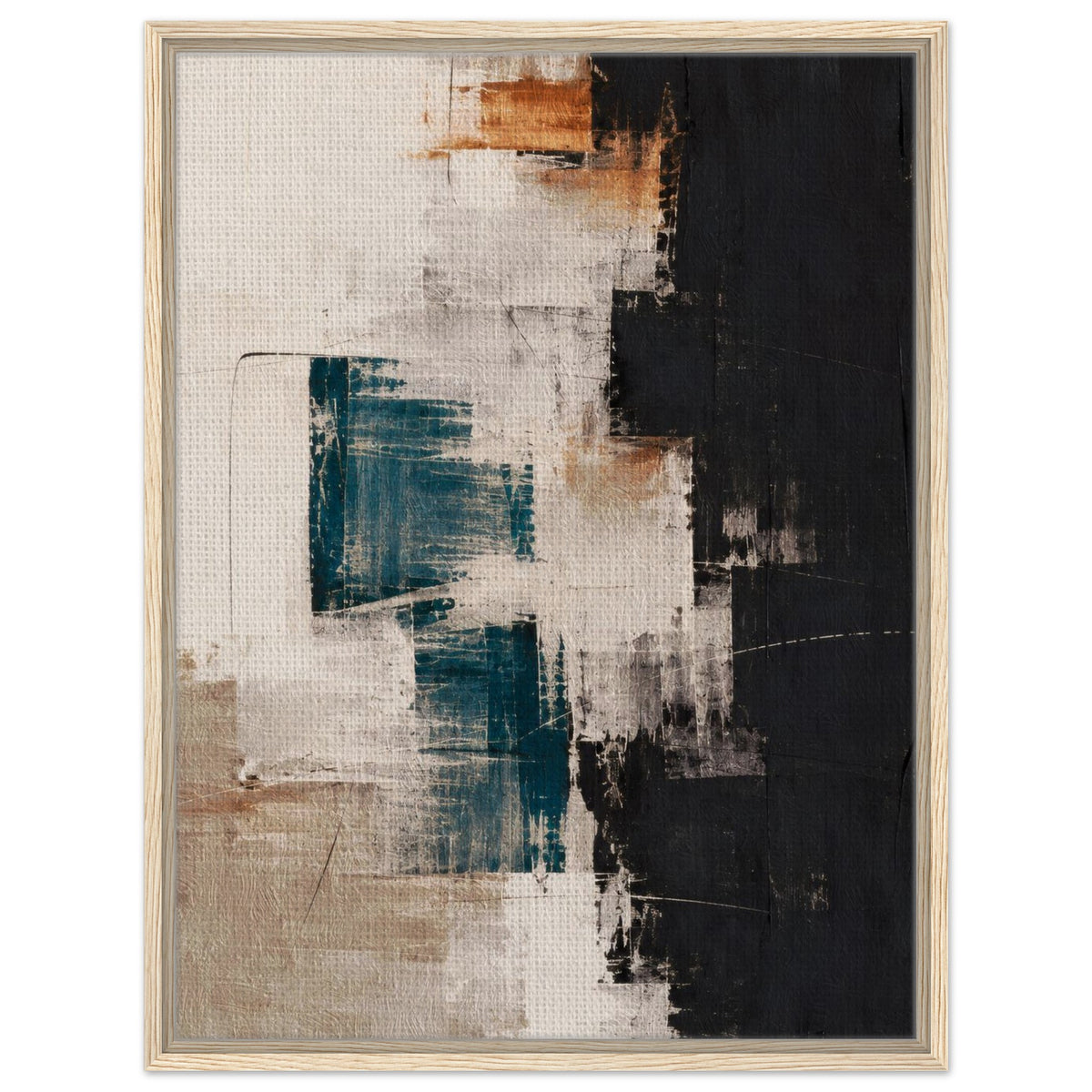 Teal, black and cream abstract canvas in a light wood-colored frame, shown against a white background.