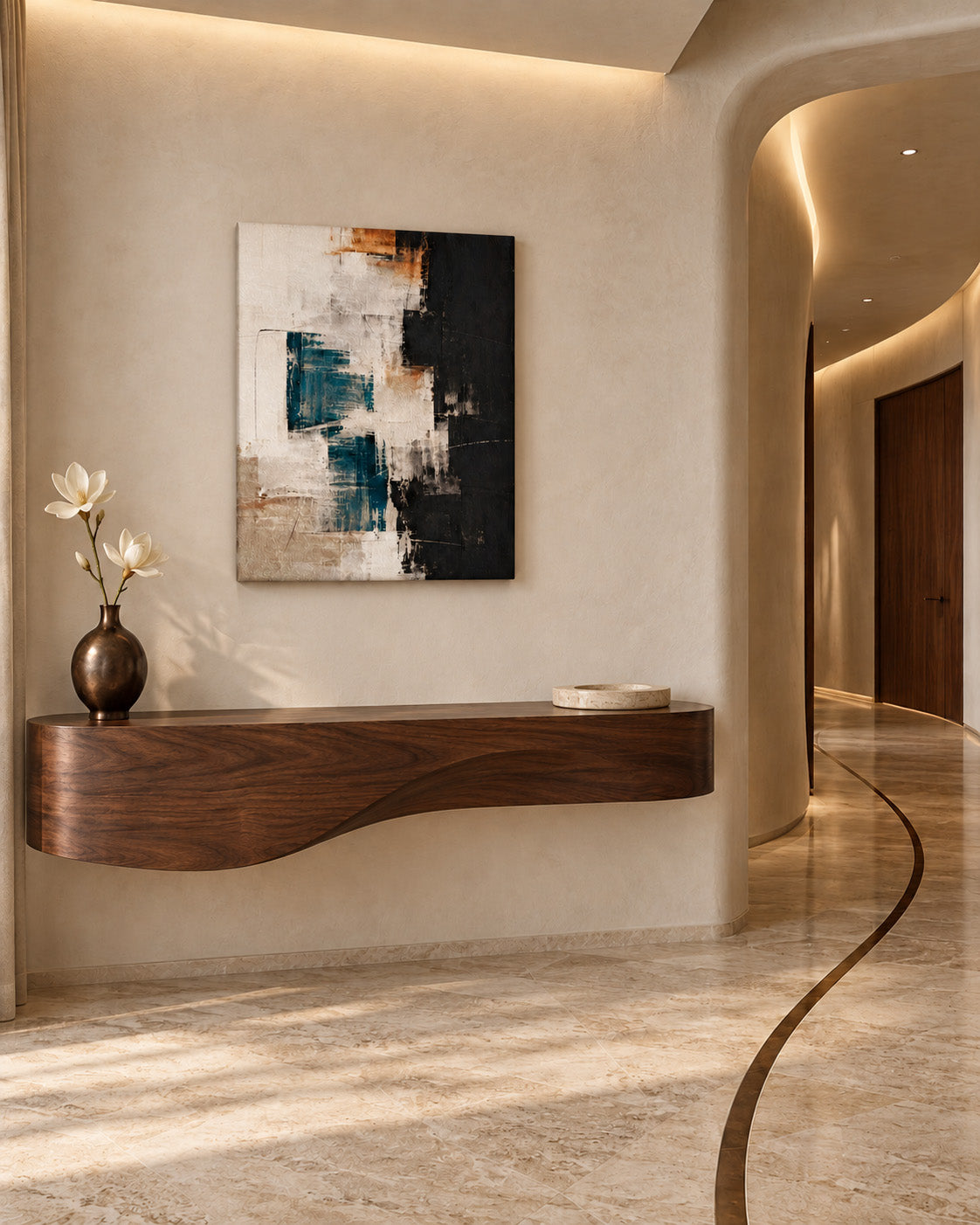 Teal, black and beige abstract canvas above a curved wooden console in a softly lit neutral hallway.