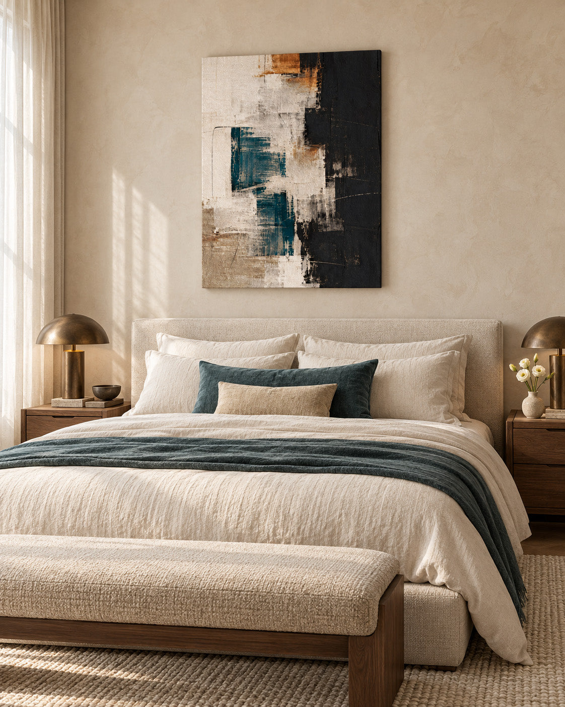Teal, black and beige abstract canvas above a bed with cream bedding and a teal throw in a neutral bedroom.