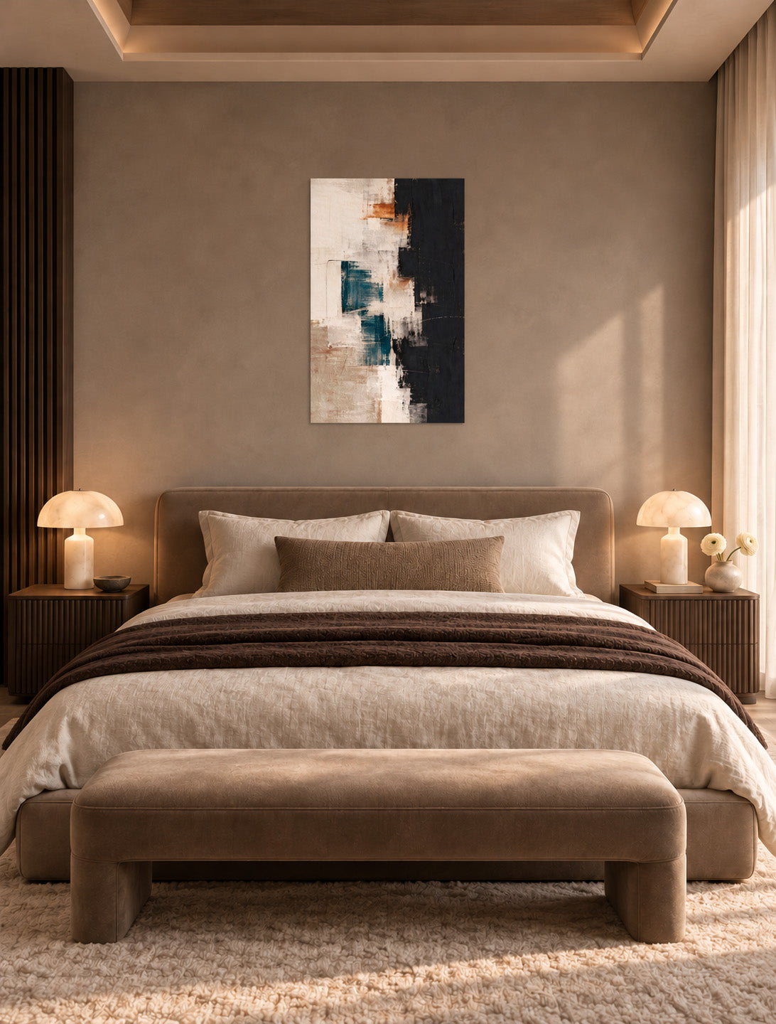 Teal, black and beige abstract poster above a bed with neutral bedding, matching bedside lamps and an upholstered bench.