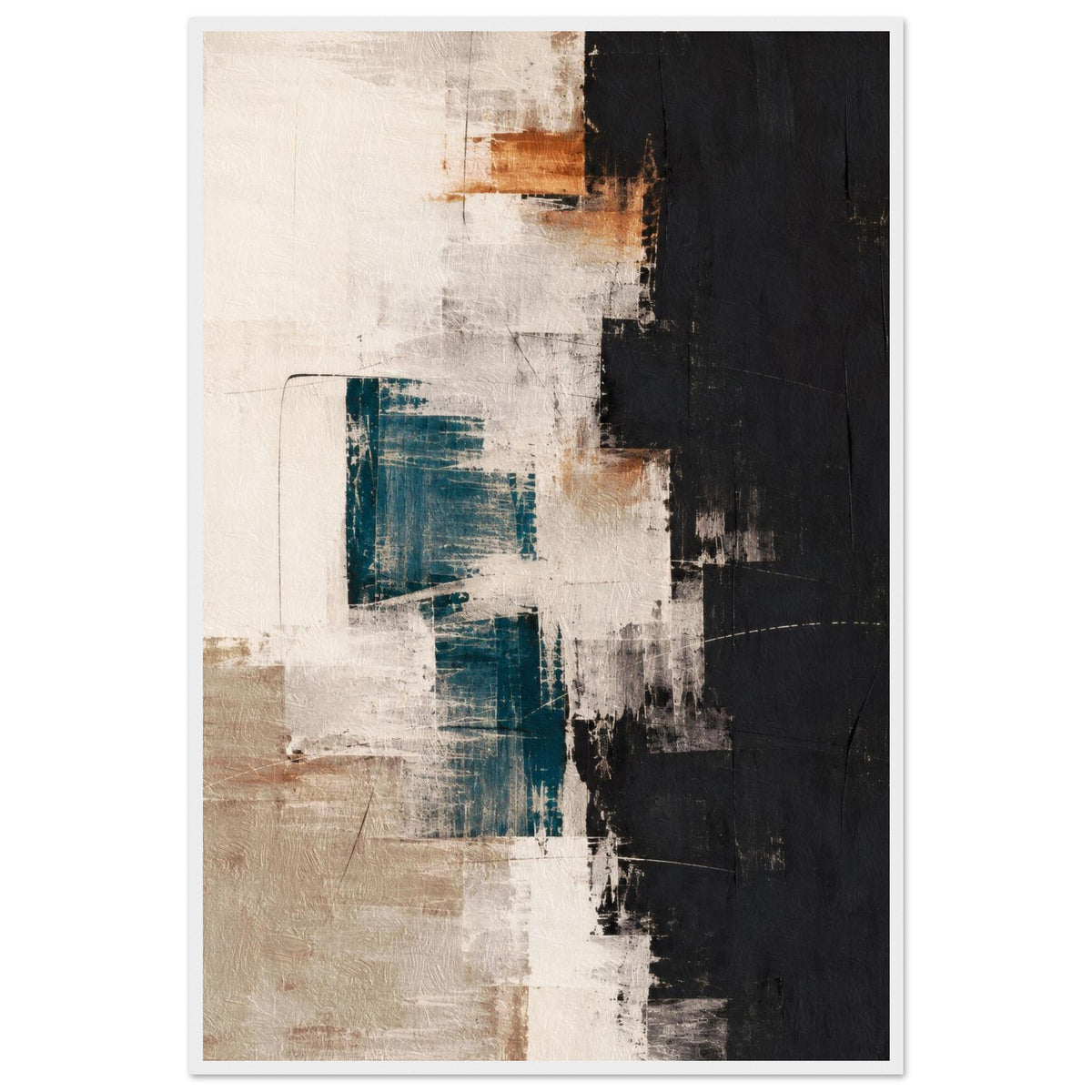 Abstract poster in a white frame featuring teal shapes, layered cream and beige brushwork and a black section on the right.