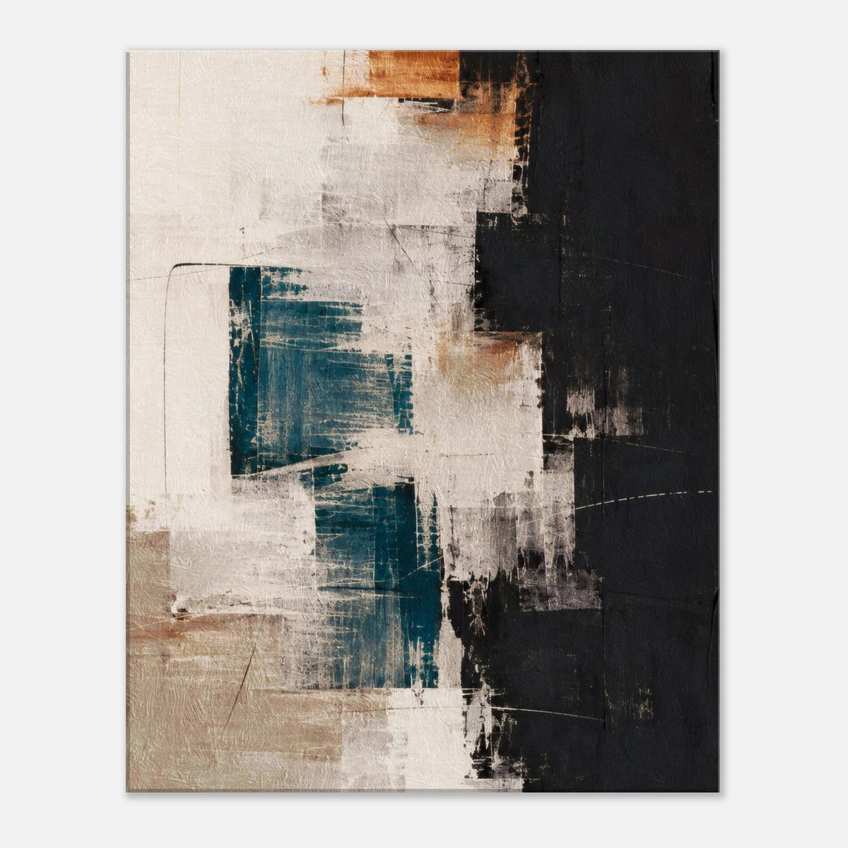 Abstract canvas art with teal, black and beige blocks, cream brushstrokes and warm brown accents.