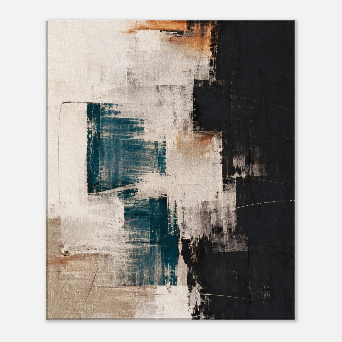 Front view of teal, black and beige abstract canvas art with layered brush textures and warm brown accents