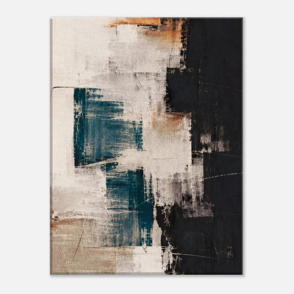Front view of an abstract canvas with teal brushstrokes, a black vertical section and cream and beige textures.