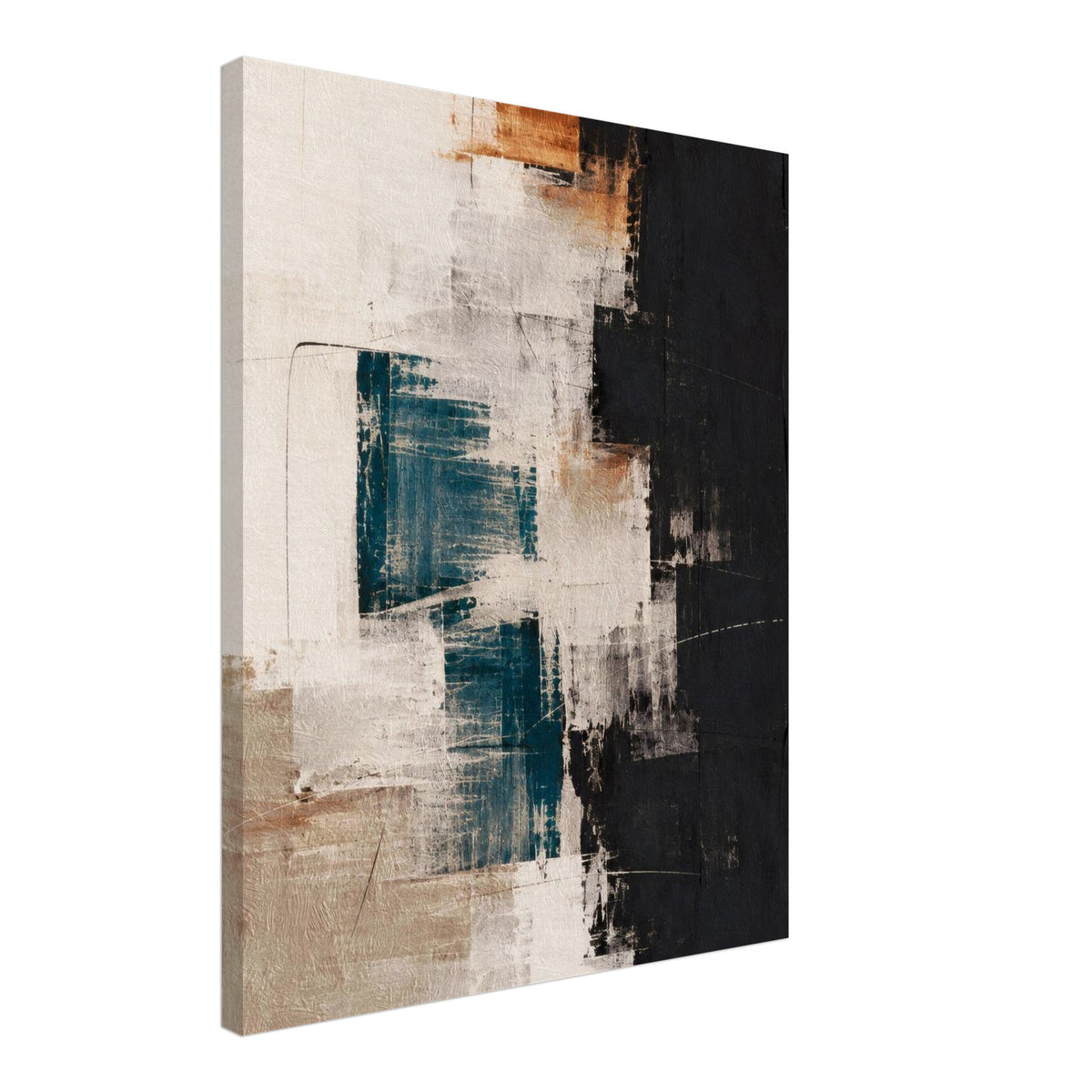Angled view of a teal, black and beige abstract canvas showing the printed artwork and canvas edge.