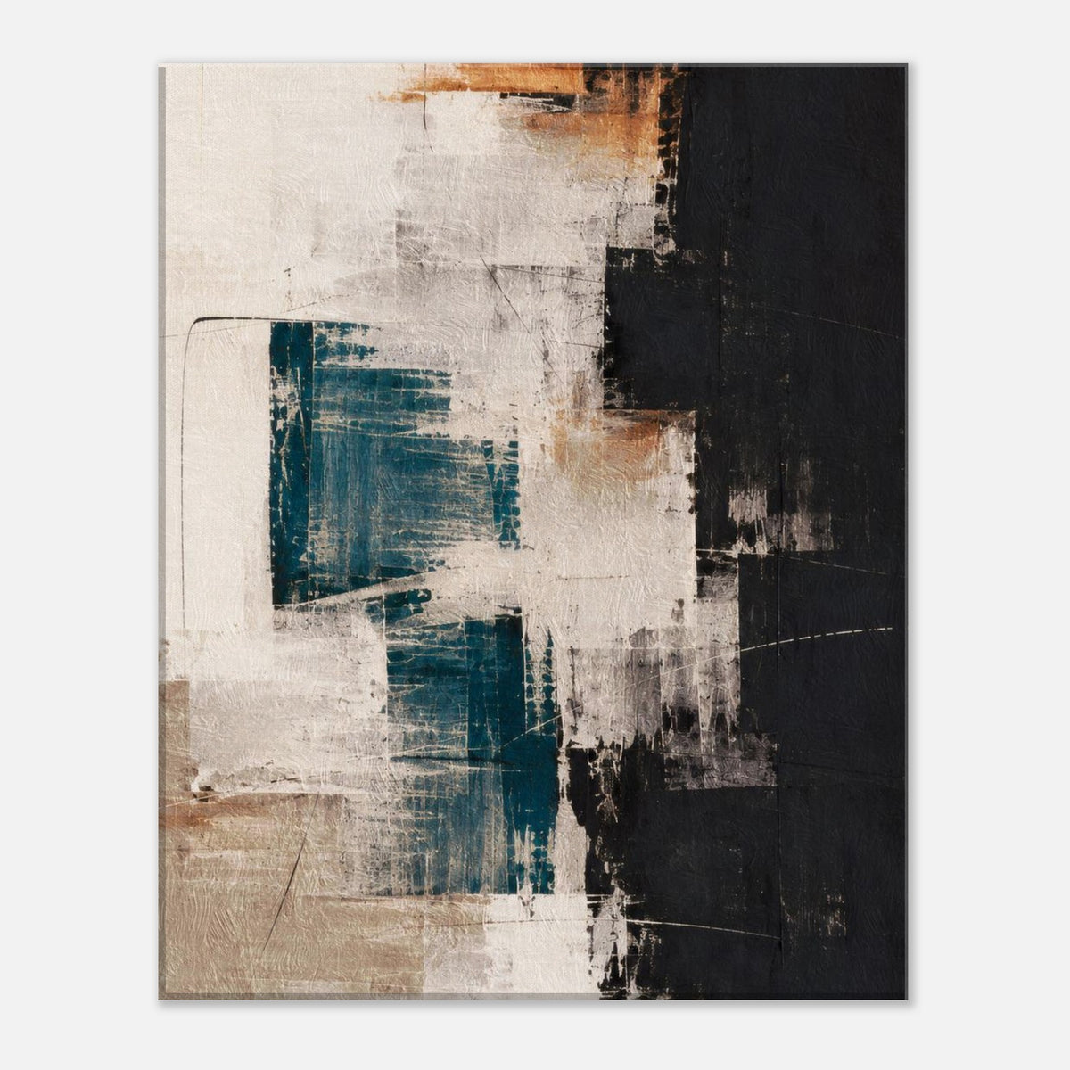 Abstract canvas shown from the front, featuring teal shapes, layered cream brushstrokes and a contrasting black section.