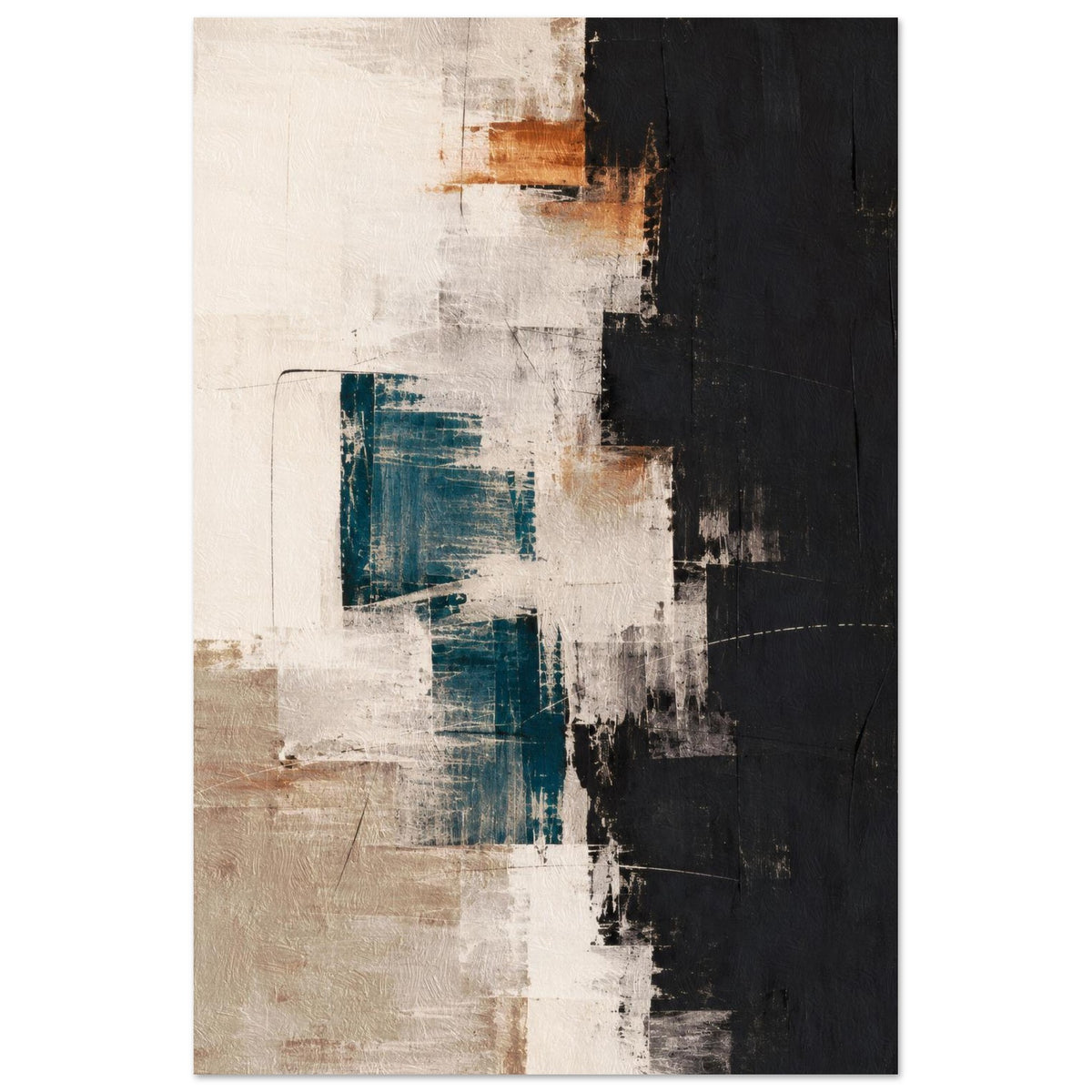 Abstract poster with teal blocks, layered cream and beige brushstrokes, a bold black section and warm brown accents.