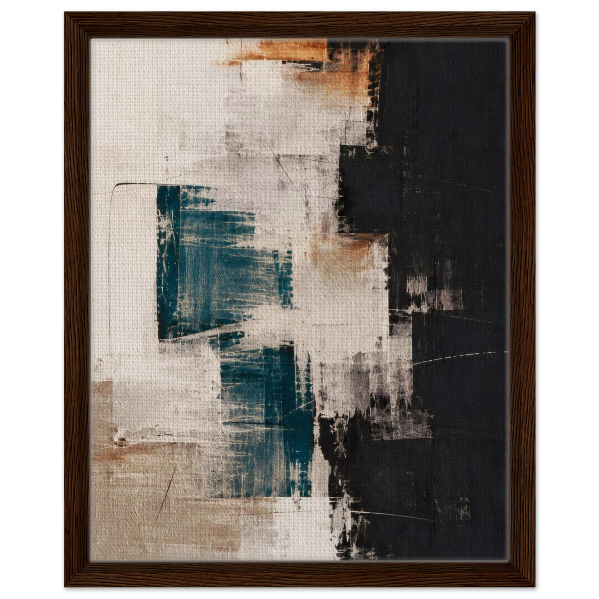 Teal, black and beige abstract canvas surrounded by a dark brown frame, shown from the front.