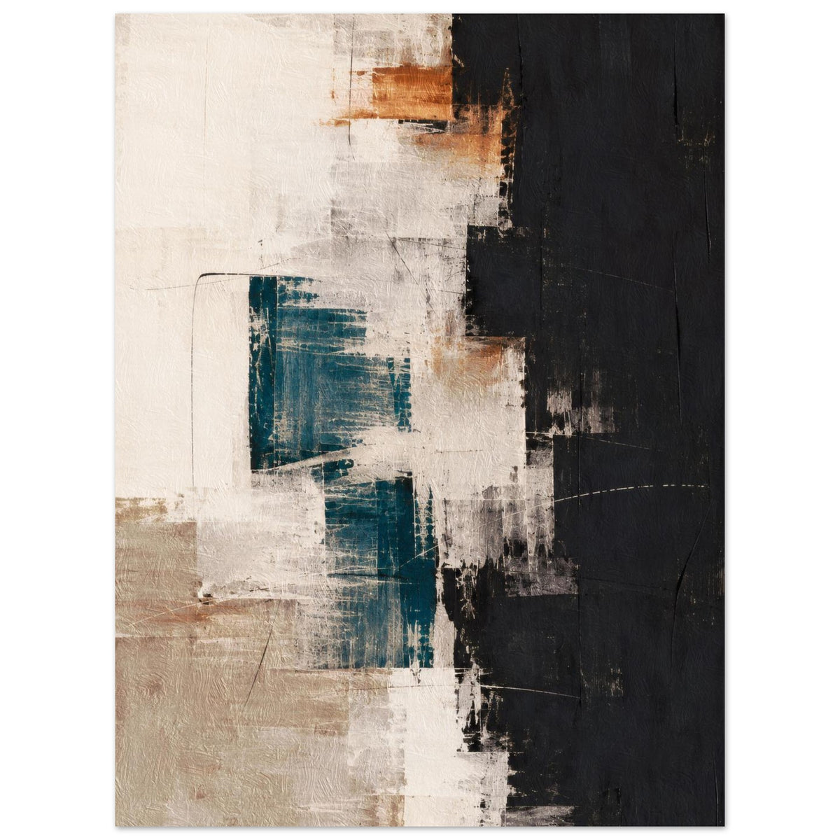 Front view of an abstract poster featuring teal shapes, cream brushwork and a contrasting black section on the right.