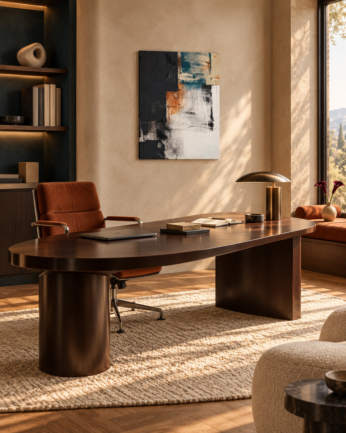 Abstract canvas wall art in teal and terracotta above a dark wooden desk in a modern home office