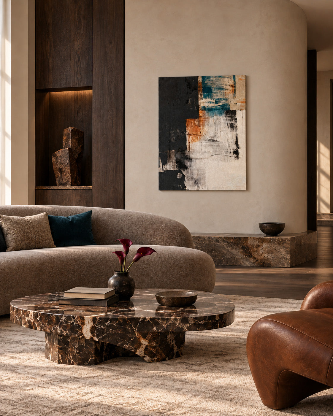 Teal and terracotta abstract canvas above a curved boucle sofa and marble coffee table in a warm living room