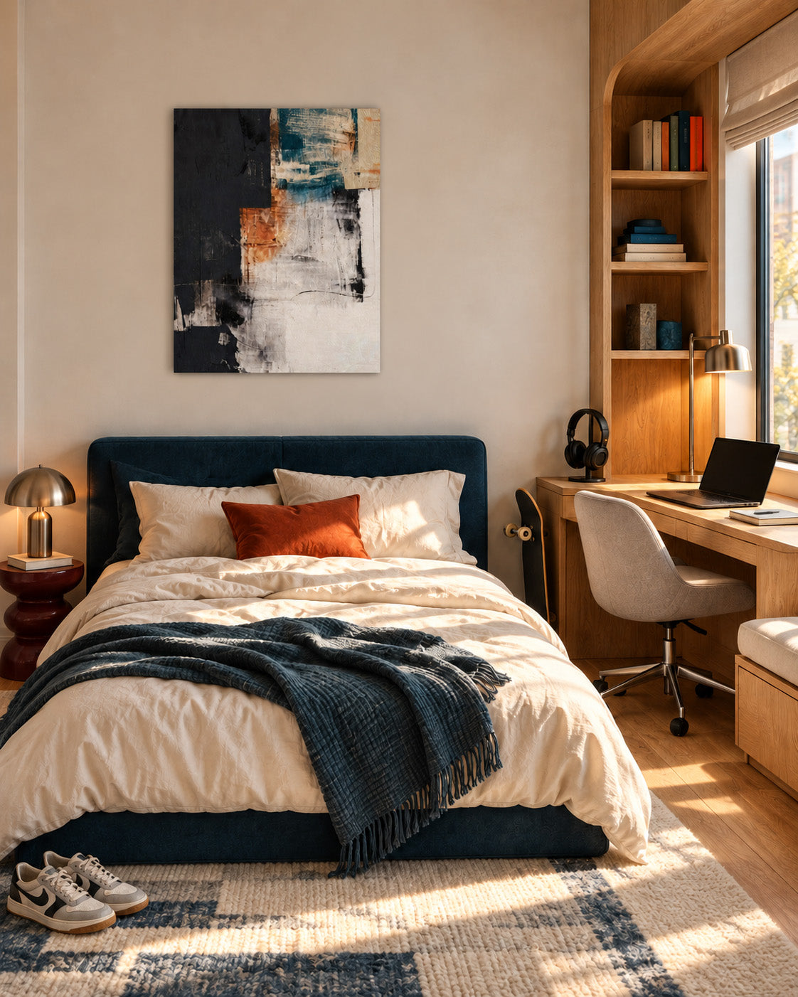 Teal and terracotta abstract canvas above a navy bed and desk in a sunlit teen bedroom