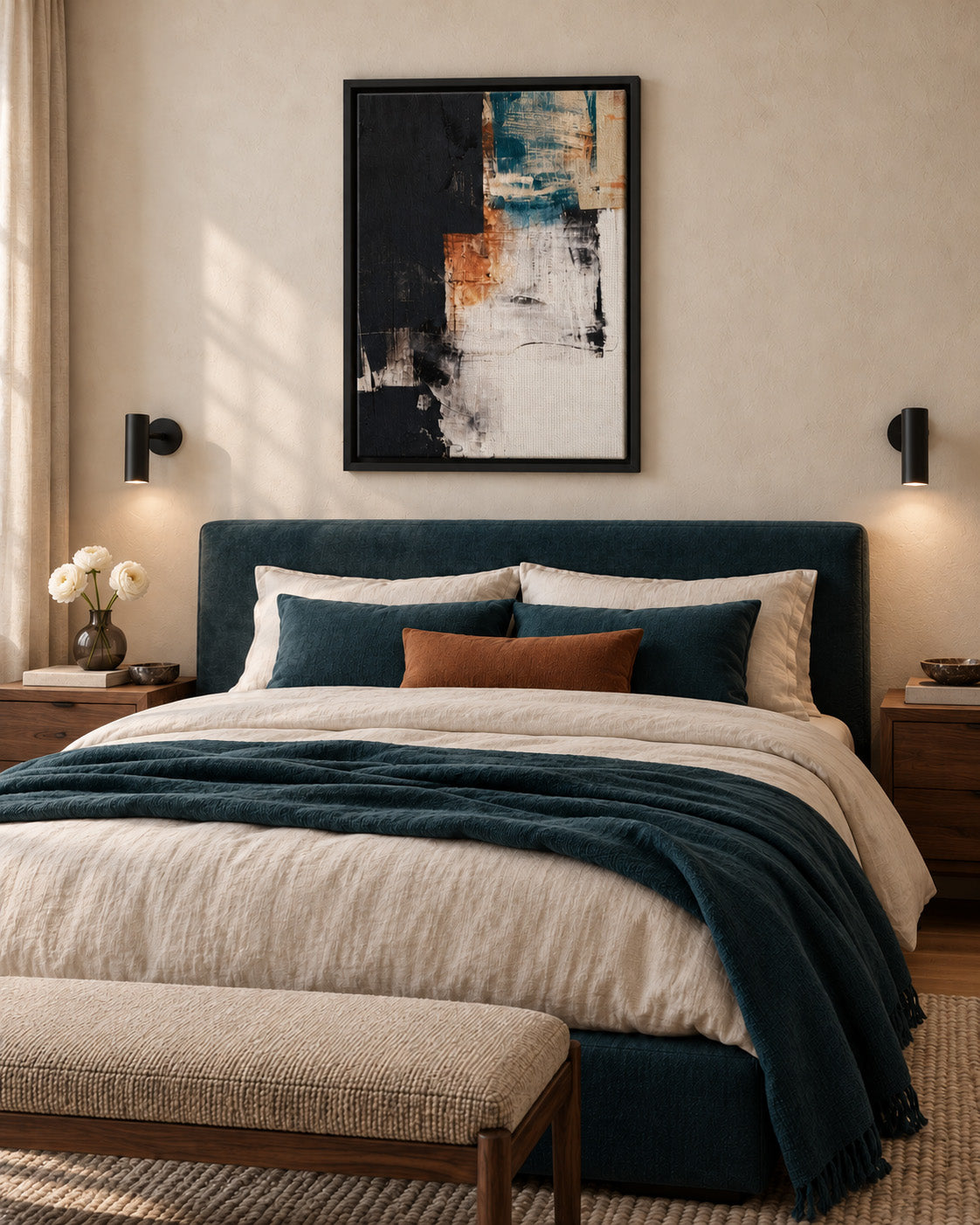 Abstract framed canvas in a black floating frame above a navy upholstered bed in a warm bedroom