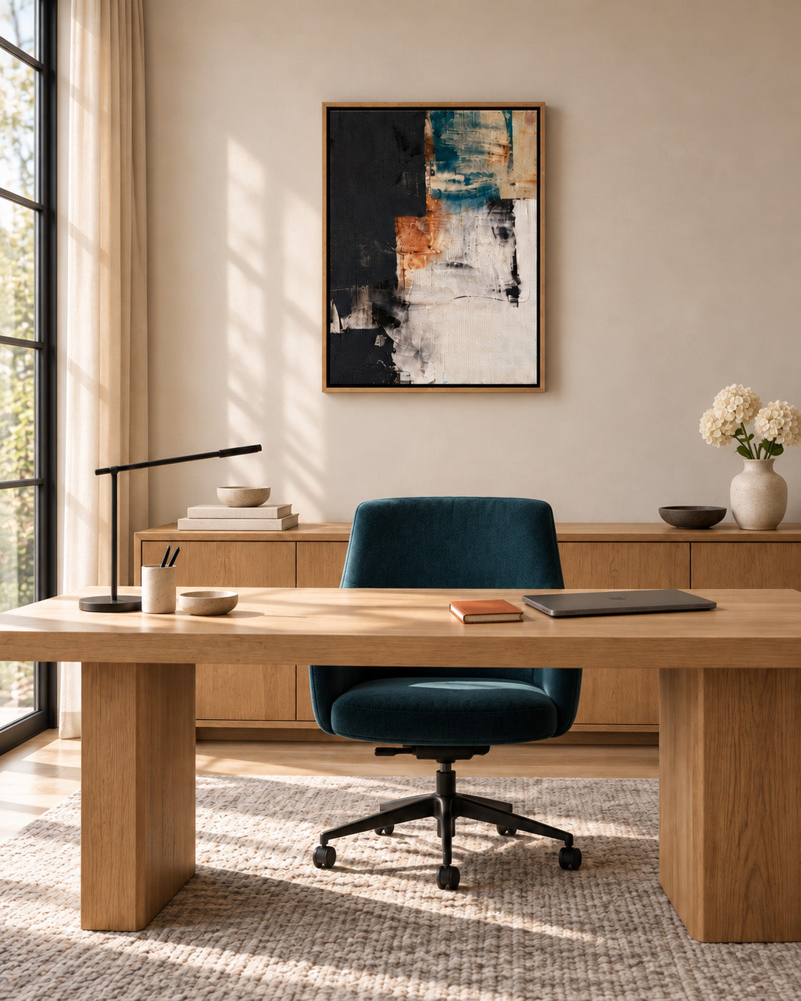 Oak framed teal and terracotta abstract canvas above a wooden desk in a sunlit home office