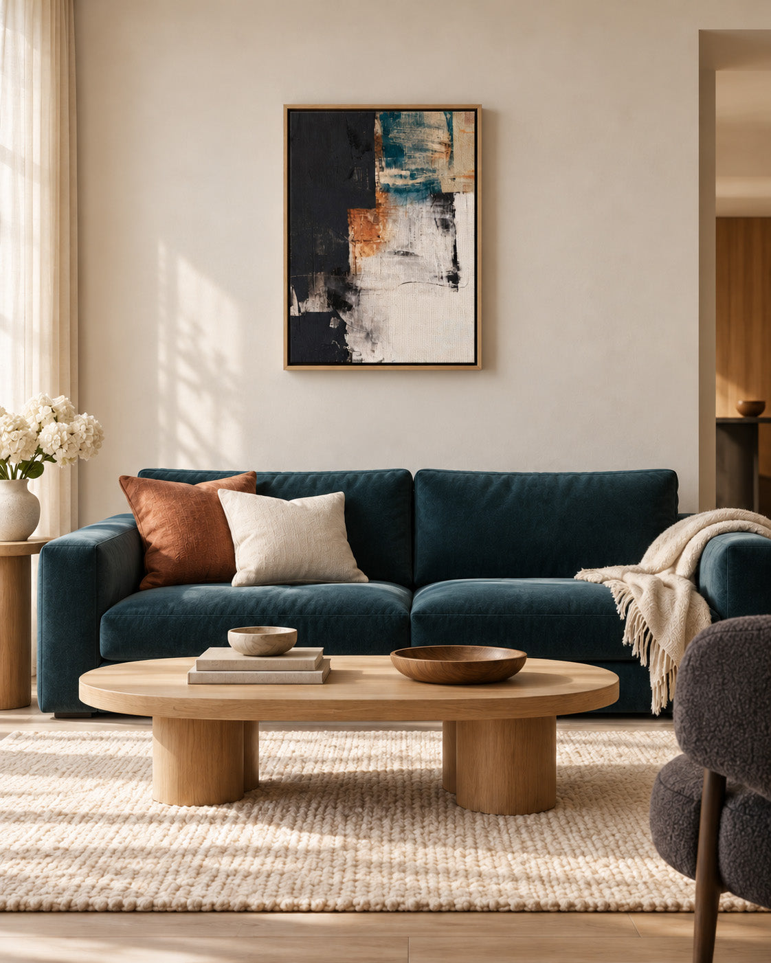 Black framed teal and terracotta abstract canvas above a navy velvet sofa and round wooden coffee table