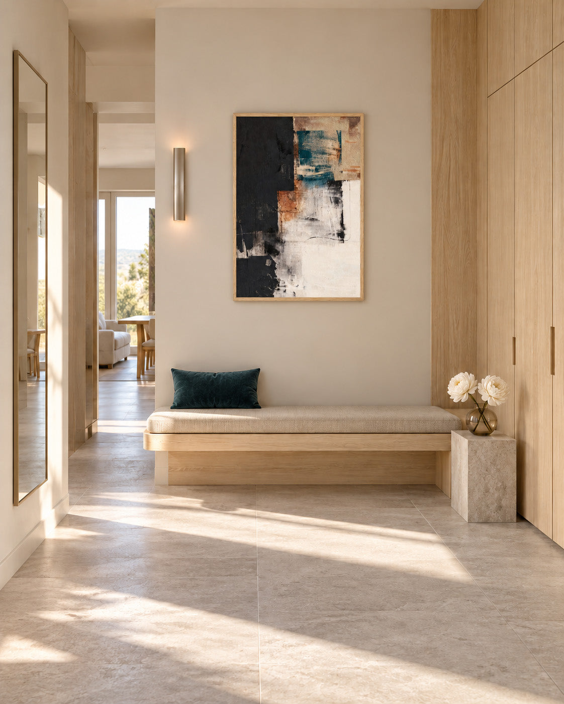 Natural wood framed teal and terracotta abstract print above a bench in a sunlit entryway