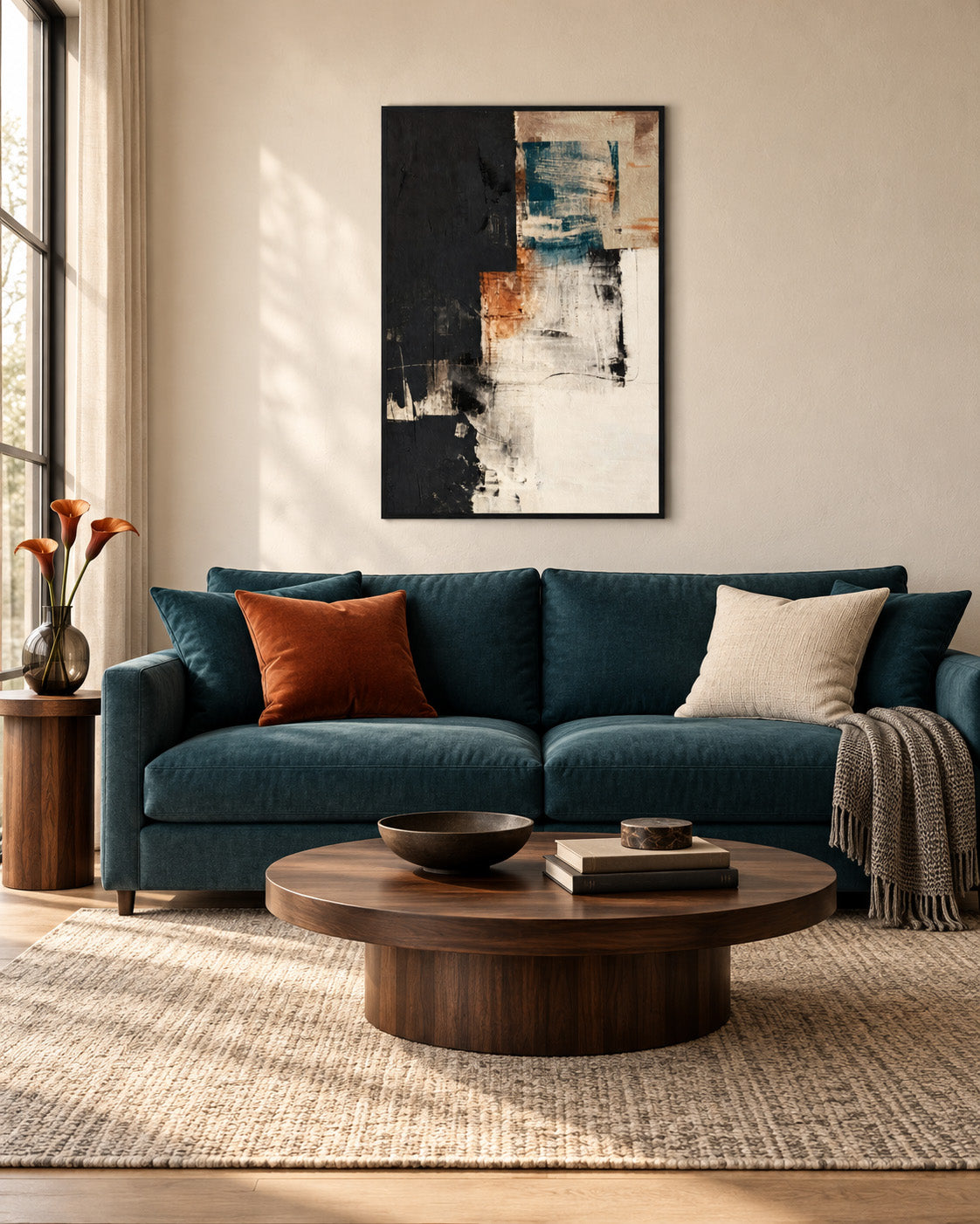 Black framed teal and terracotta abstract print above a petrol blue sofa and round wooden coffee table
