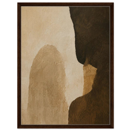 Textured earthy abstract artwork with sculptural neutral forms in dark wood frame