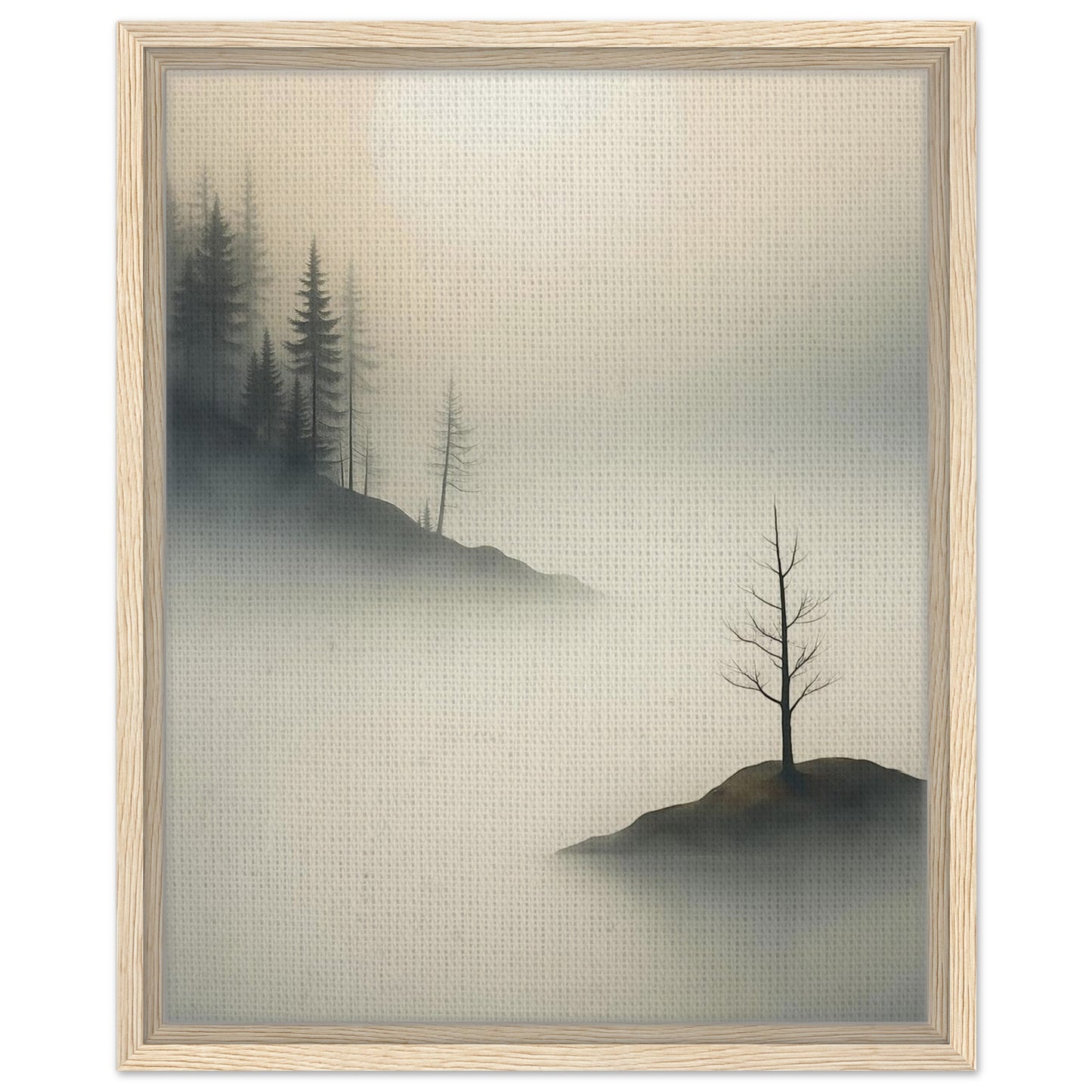 Tranquil forest artwork with misty water and solitary tree in a light wood frame