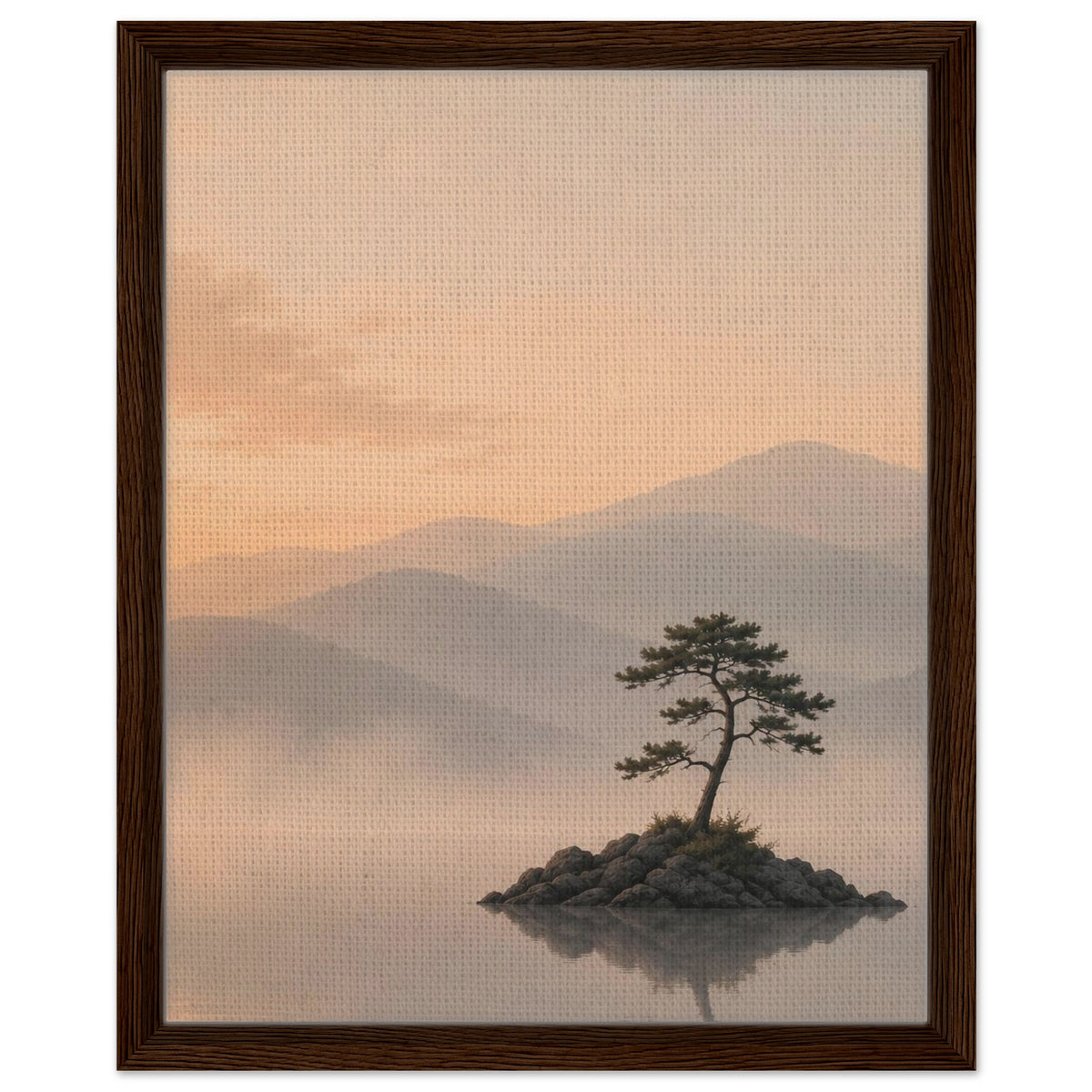 Tranquil island landscape with lone pine tree and misty mountain backdrop in dark wood frame