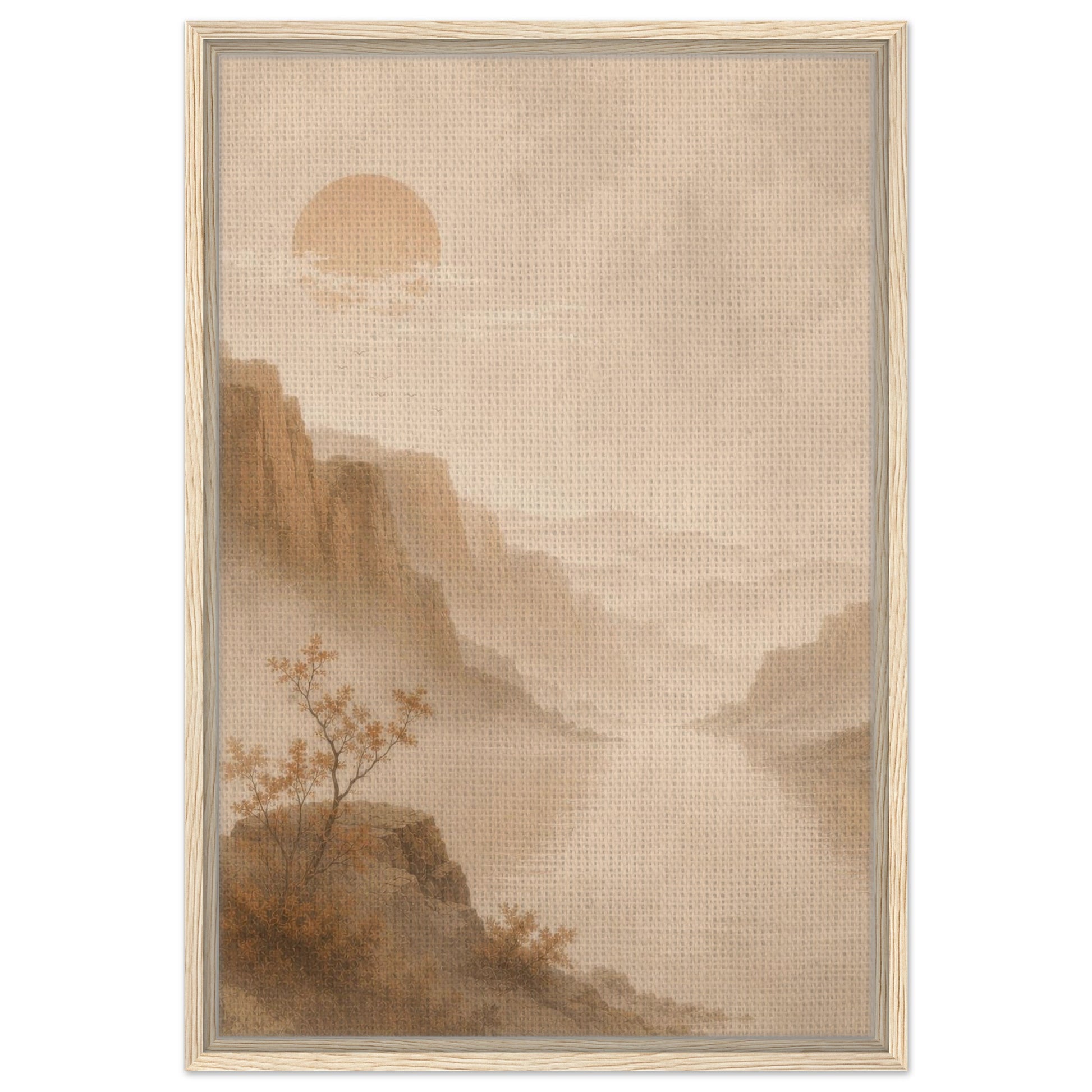 Tranquil mountain print with layered beige scenery and subtle sunrise in natural wood frame