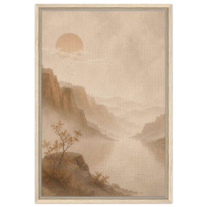 Tranquil mountain print with layered beige scenery and subtle sunrise in natural wood frame