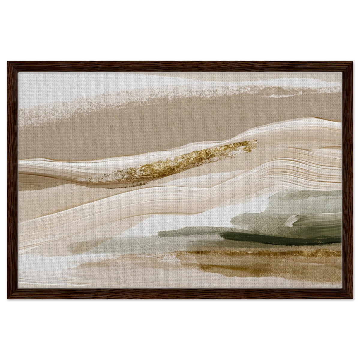 Tranquil neutral print with flowing cream beige and green forms in dark wood frame