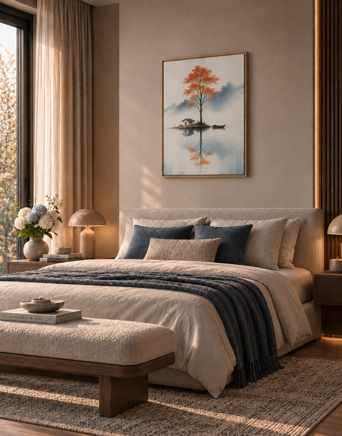 Tranquil orange tree landscape artwork displayed above bed in a neutral bedroom