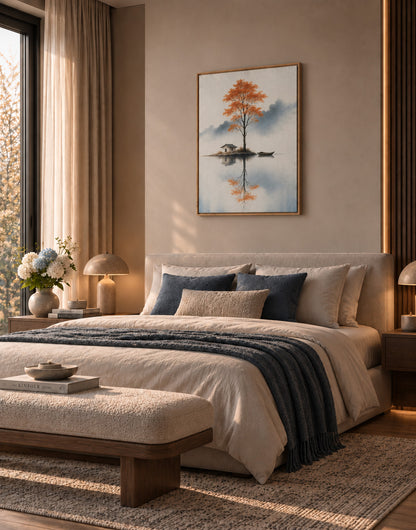 Tranquil orange tree landscape artwork displayed above bed in a neutral bedroom