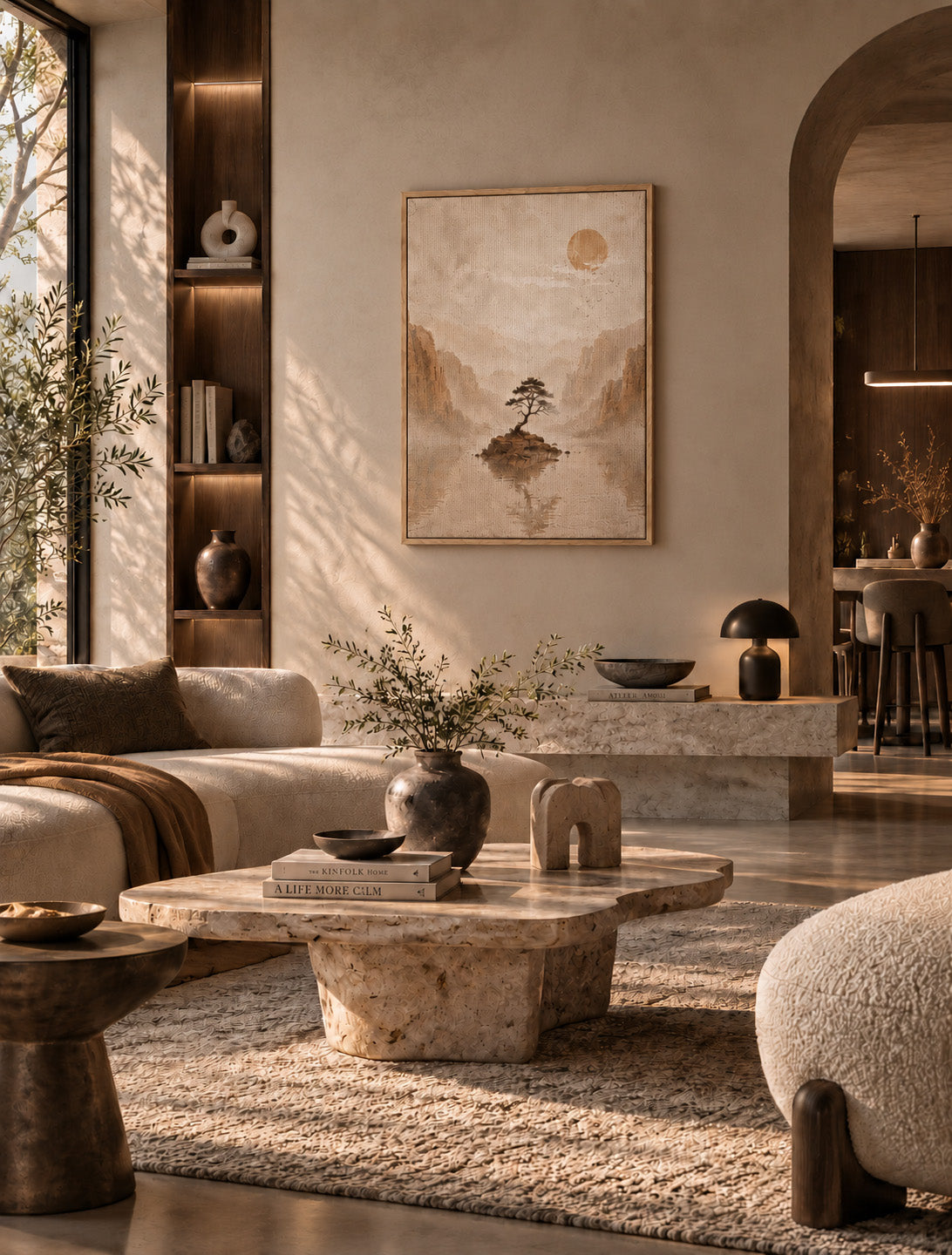 Tranquil tree landscape wall art displayed in a warm minimalist living room